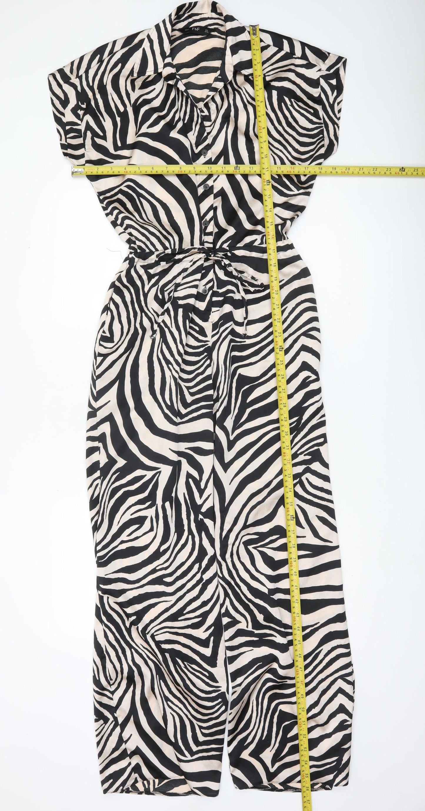 F&F Women’s Black Beige Animal Print Collared Wide Leg Jumpsuit Size 8