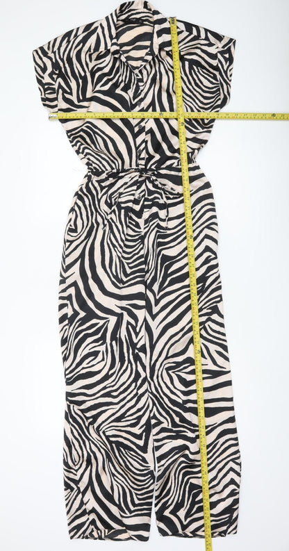 F&F Women’s Black Beige Animal Print Collared Wide Leg Jumpsuit Size 8