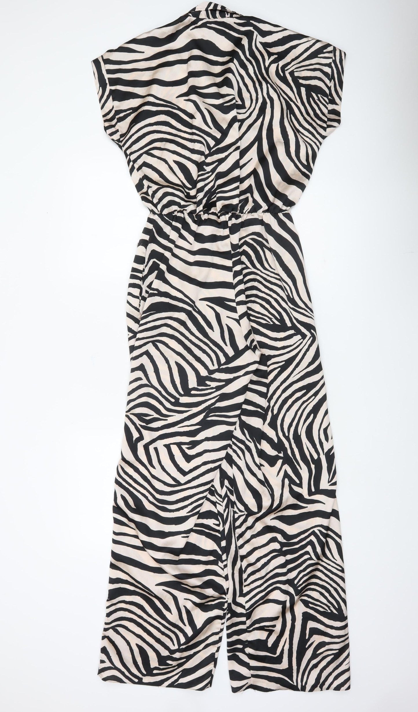 F&F Women’s Black Beige Animal Print Collared Wide Leg Jumpsuit Size 8