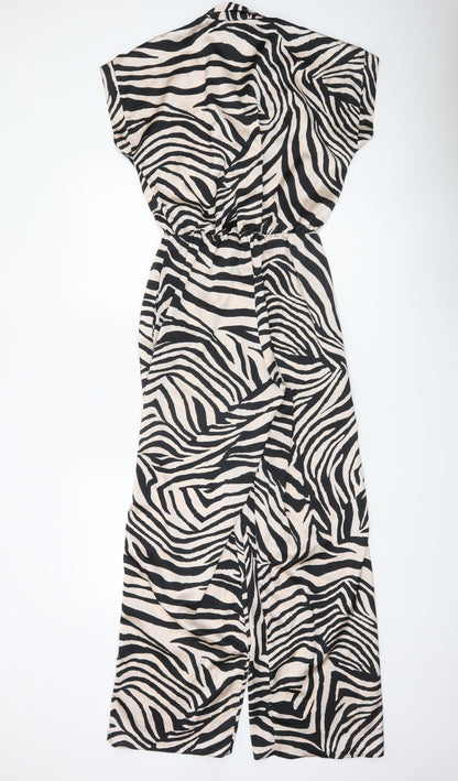 F&F Women’s Black Beige Animal Print Collared Wide Leg Jumpsuit Size 8