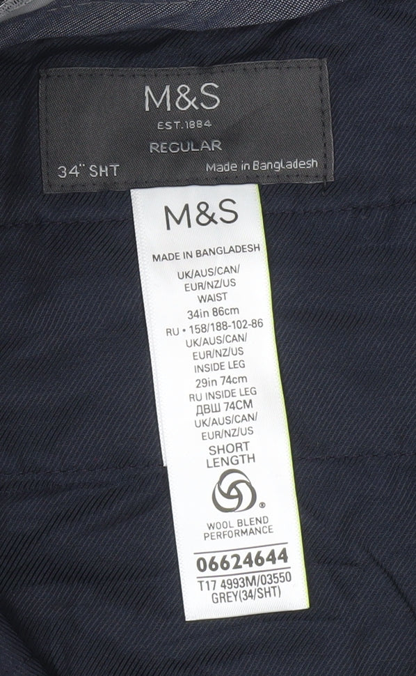 Marks and Spencer Men's Grey Wool Blend Regular Fit Dress Pants 34W 29L