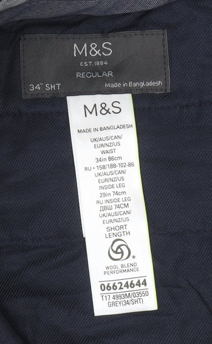 Marks and Spencer Men's Grey Wool Blend Regular Fit Dress Pants 34W 29L