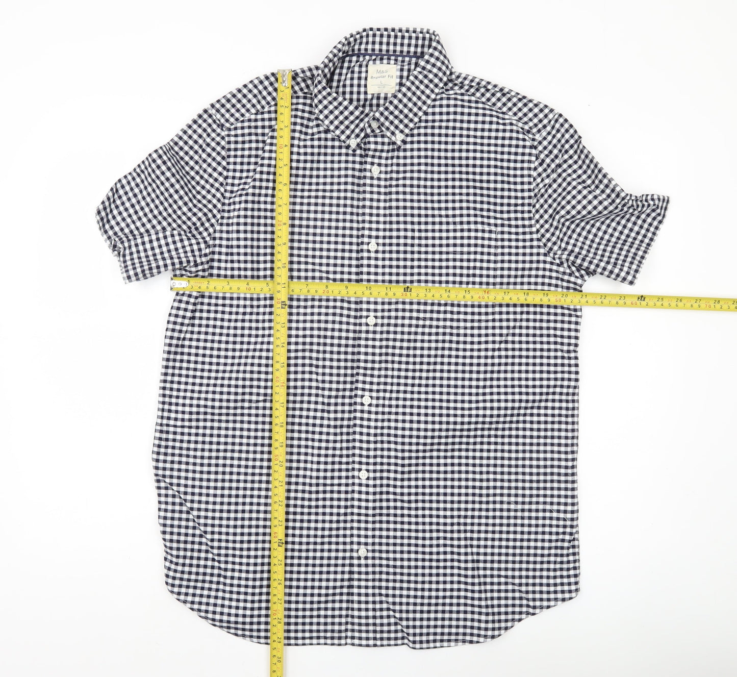 Marks and Spencer Men Blue Check L Regular Fit Short Sleeve Shirt