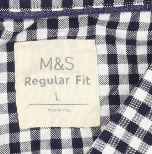 Marks and Spencer Men Blue Check L Regular Fit Short Sleeve Shirt
