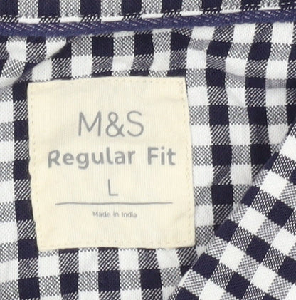 Marks and Spencer Men Blue Check L Regular Fit Short Sleeve Shirt
