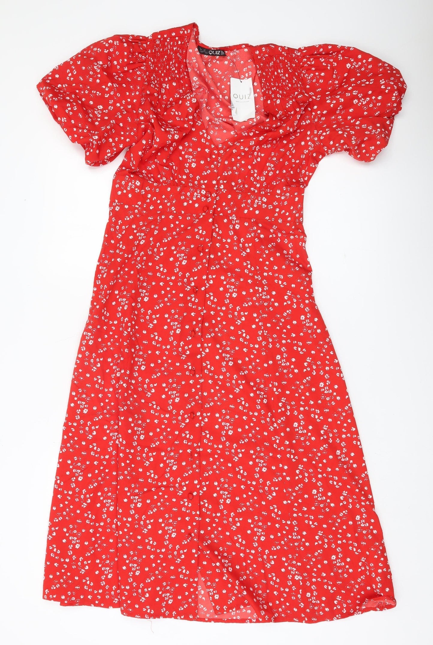 Quiz Women’s Red Floral A-Line Dress Size 8 Short Puff Sleeve
