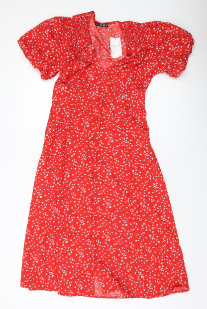 Quiz Women’s Red Floral A-Line Dress Size 8 Short Puff Sleeve