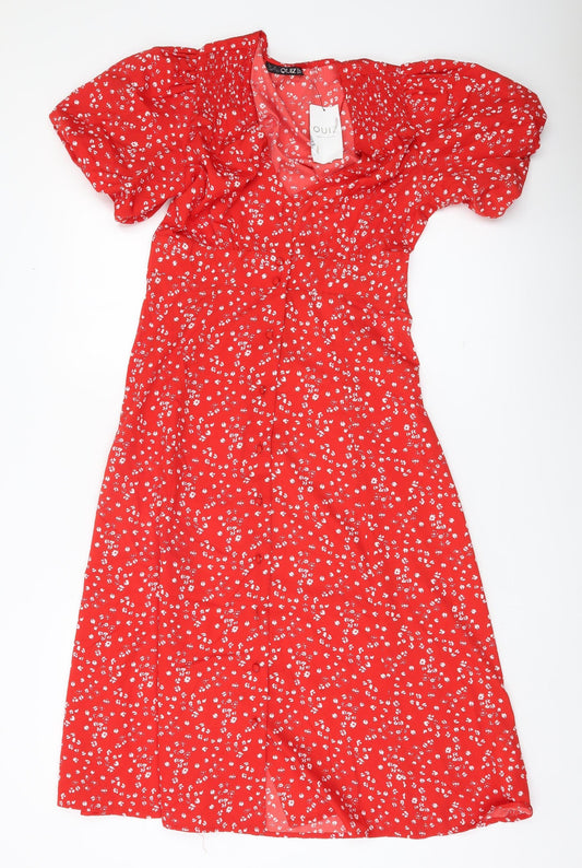Quiz Women’s Red Floral A-Line Dress Size 8 Short Puff Sleeve