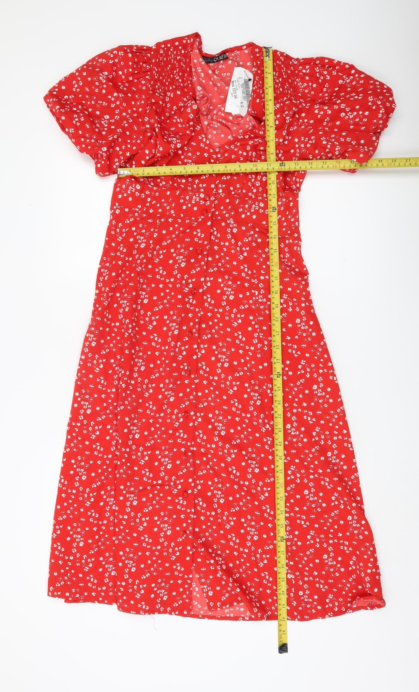 Quiz Women’s Red Floral A-Line Dress Size 8 Short Puff Sleeve