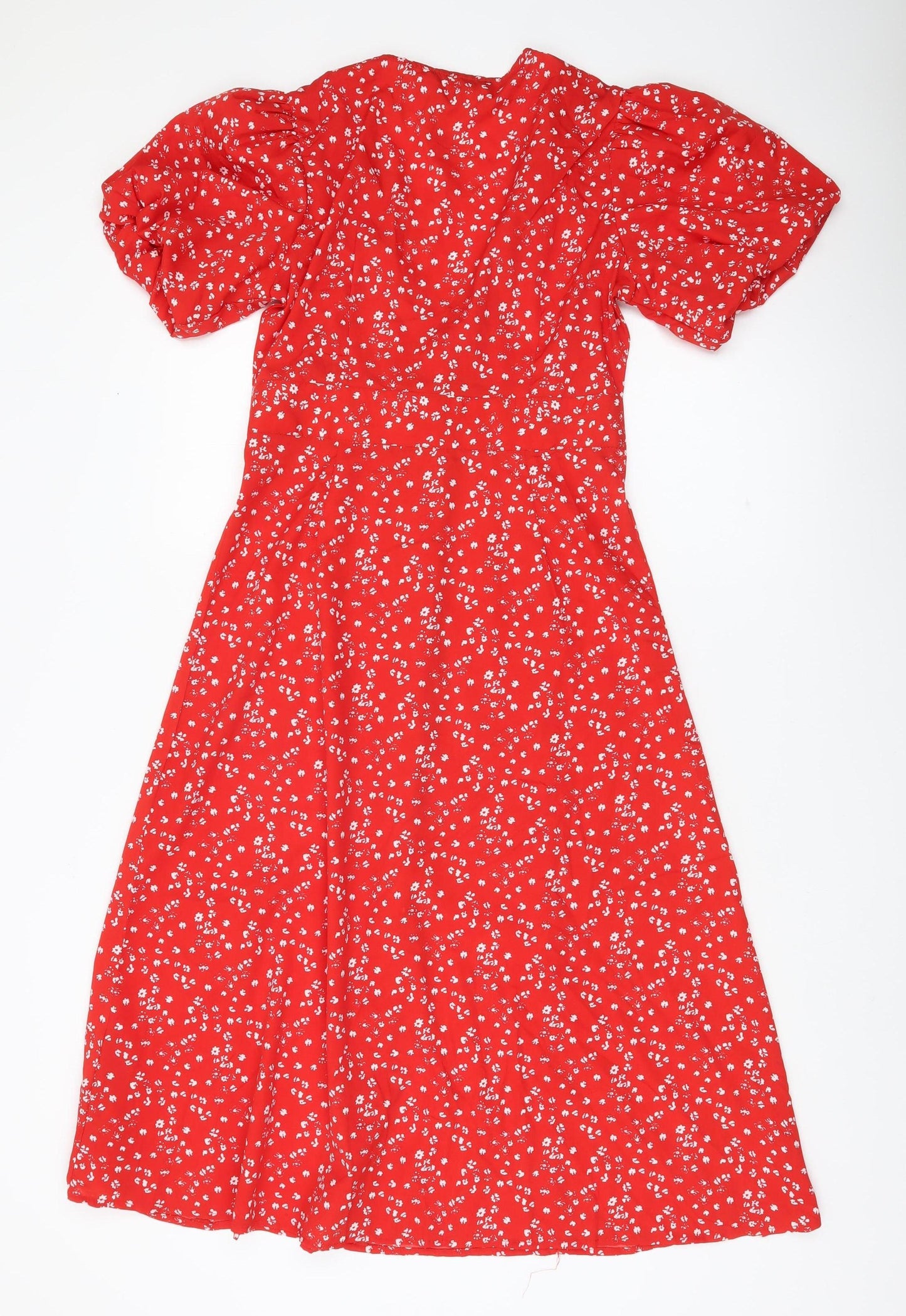 Quiz Women’s Red Floral A-Line Dress Size 8 Short Puff Sleeve