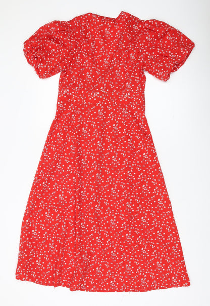 Quiz Women’s Red Floral A-Line Dress Size 8 Short Puff Sleeve