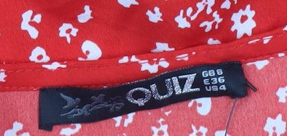 Quiz Women’s Red Floral A-Line Dress Size 8 Short Puff Sleeve