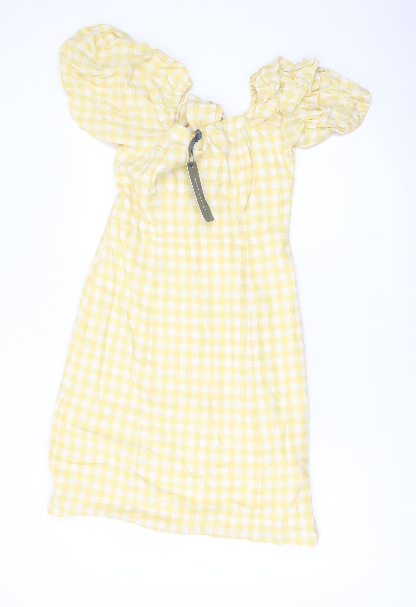 Mint Velvet Women Yellow Gingham A-Line Puff Sleeve Dress Size 10