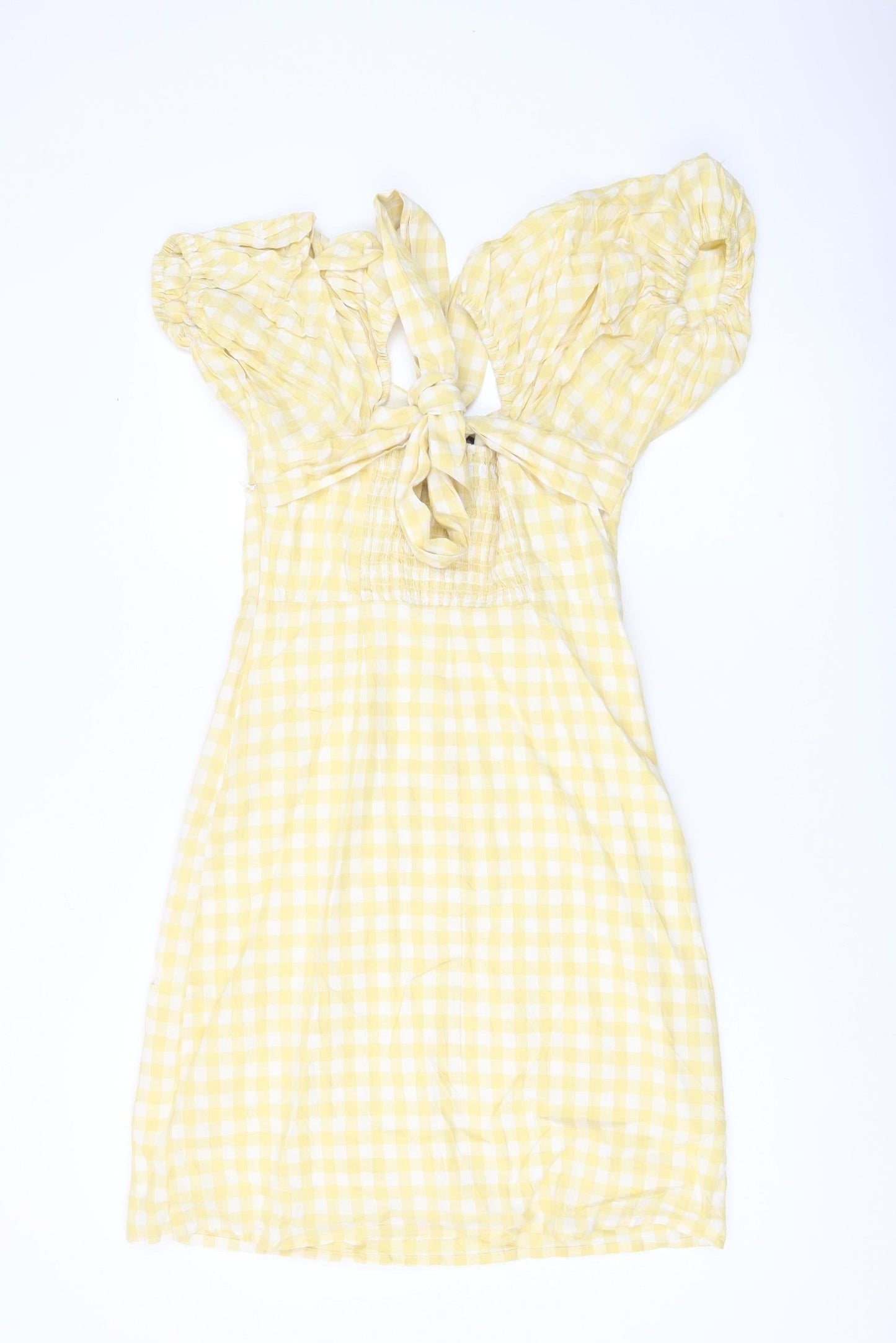 Mint Velvet Women Yellow Gingham A-Line Puff Sleeve Dress Size 10
