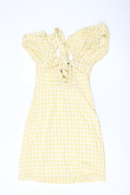 Mint Velvet Women Yellow Gingham A-Line Puff Sleeve Dress Size 10