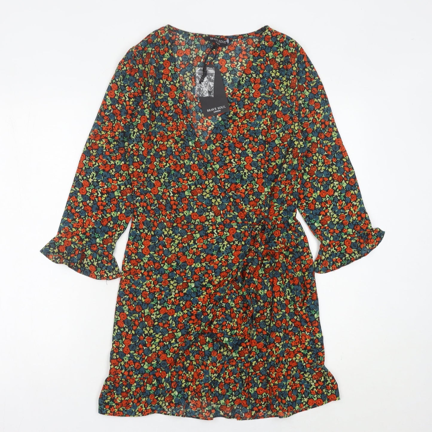 Brave Soul Womens Multicoloured Floral Wrap Dress XS Short 3/4 Sleeve Ruffle