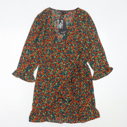 Brave Soul Womens Multicoloured Floral Wrap Dress XS Short 3/4 Sleeve Ruffle