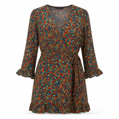 Brave Soul Womens Multicoloured Floral Wrap Dress XS Short 3/4 Sleeve Ruffle