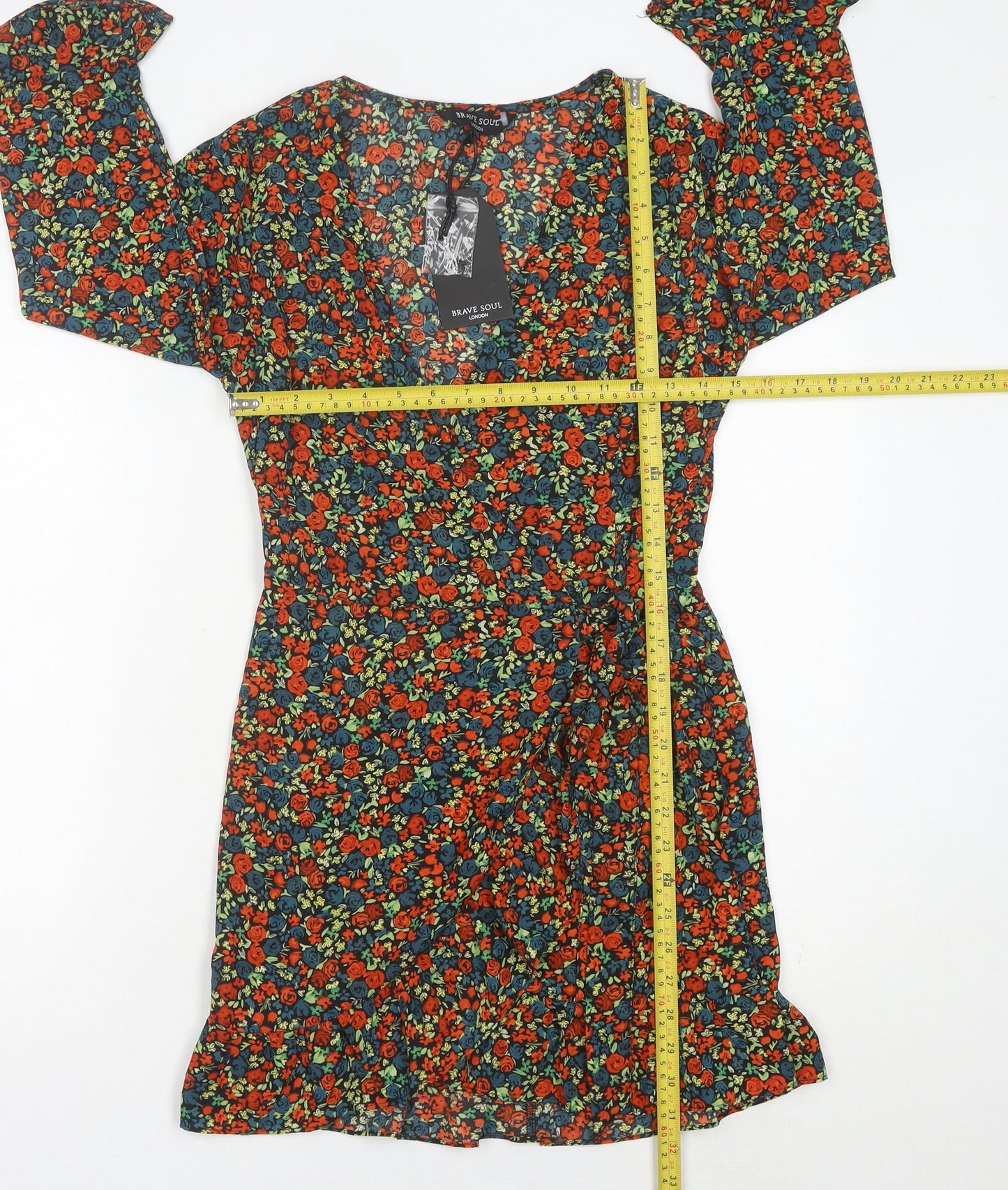 Brave Soul Womens Multicoloured Floral Wrap Dress XS Short 3/4 Sleeve Ruffle