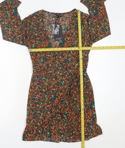 Brave Soul Womens Multicoloured Floral Wrap Dress XS Short 3/4 Sleeve Ruffle