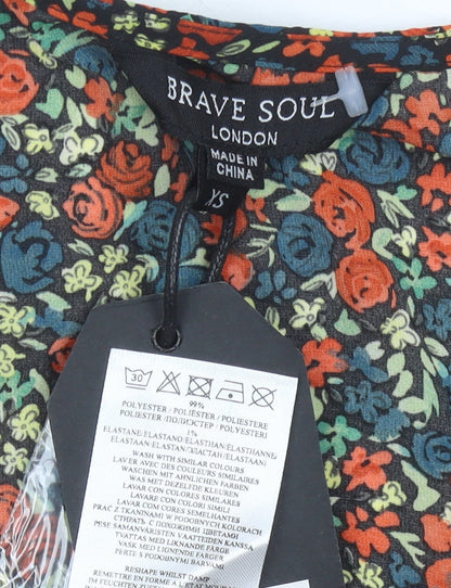 Brave Soul Womens Multicoloured Floral Wrap Dress XS Short 3/4 Sleeve Ruffle