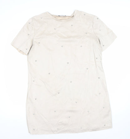 Zara Women’s Beige Shift Dress Size 12 Beaded Short Sleeve Party