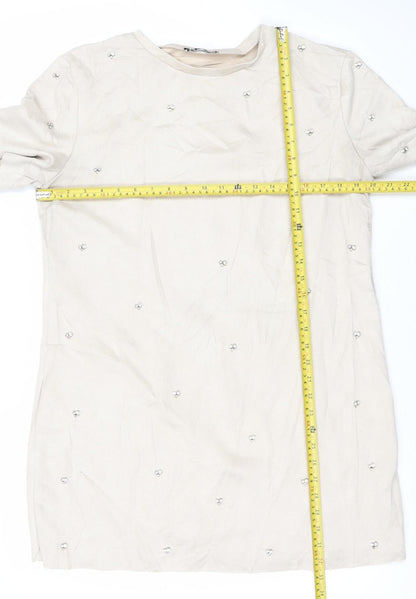 Zara Women’s Beige Shift Dress Size 12 Beaded Short Sleeve Party