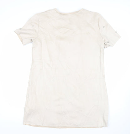 Zara Women’s Beige Shift Dress Size 12 Beaded Short Sleeve Party