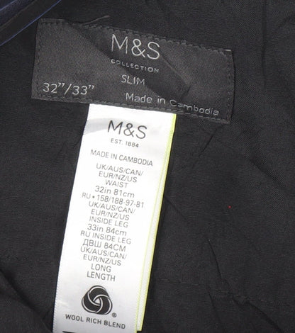 Marks and Spencer Mens Blue Slim Fit Dress Pants 32W 33L Wool Blend