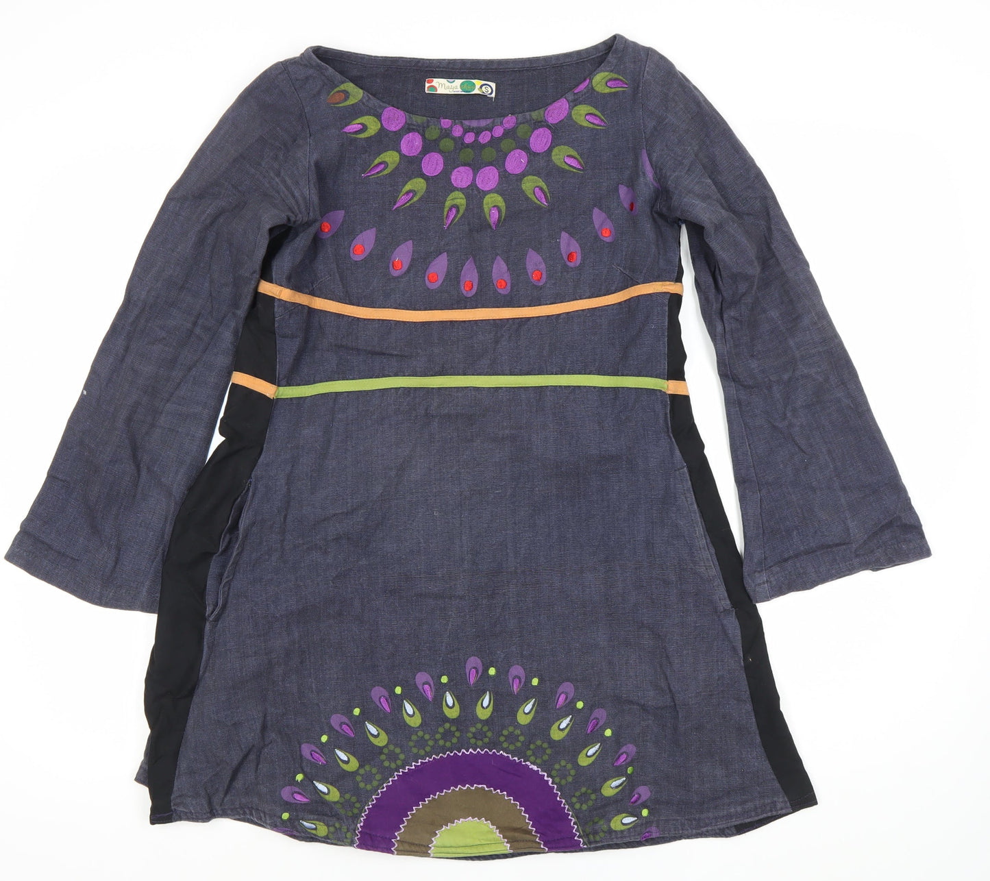 Maya Stop Women’s Blue Multicoloured Cotton Shift Dress S Boho Long Sleeve
