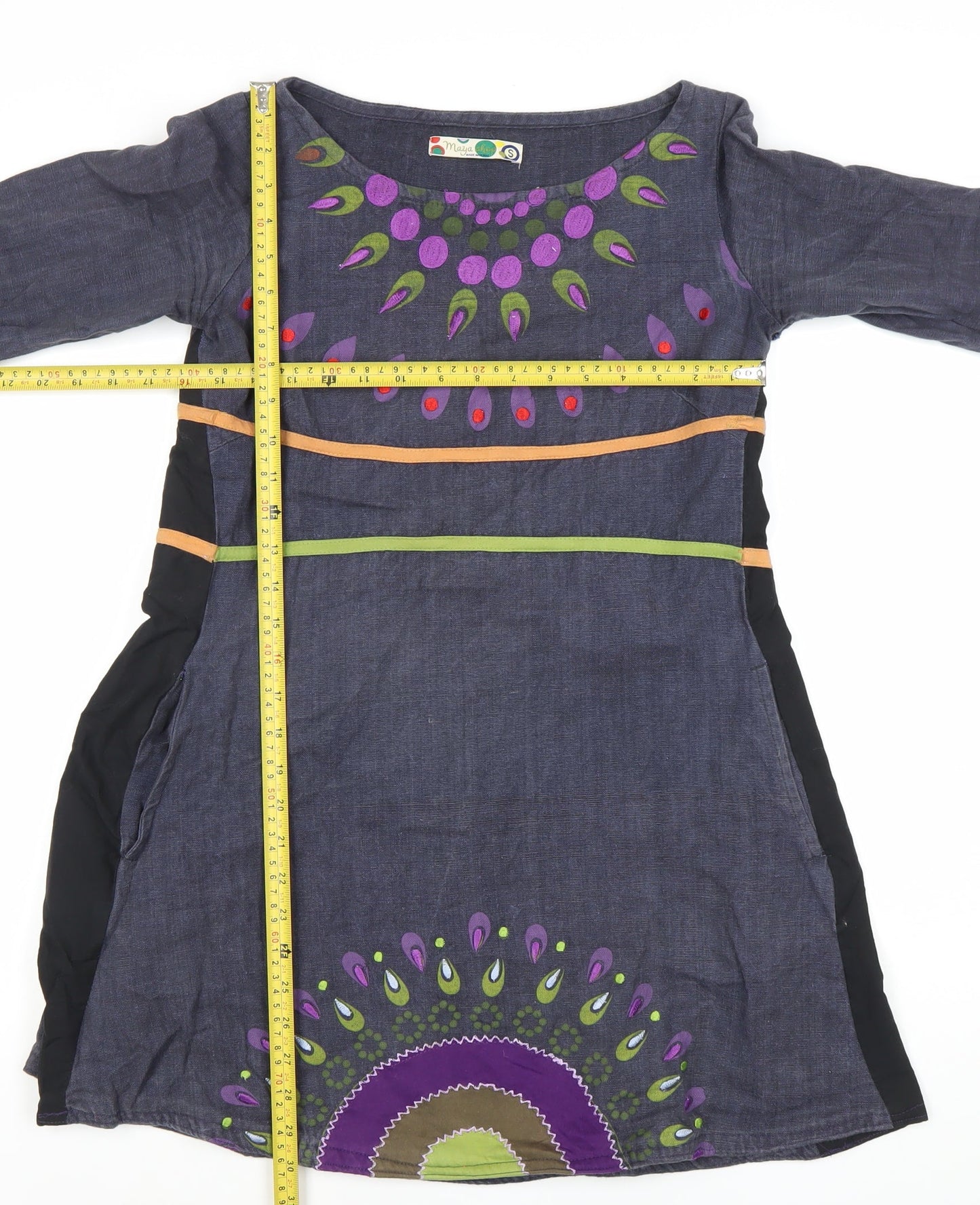 Maya Stop Women’s Blue Multicoloured Cotton Shift Dress S Boho Long Sleeve