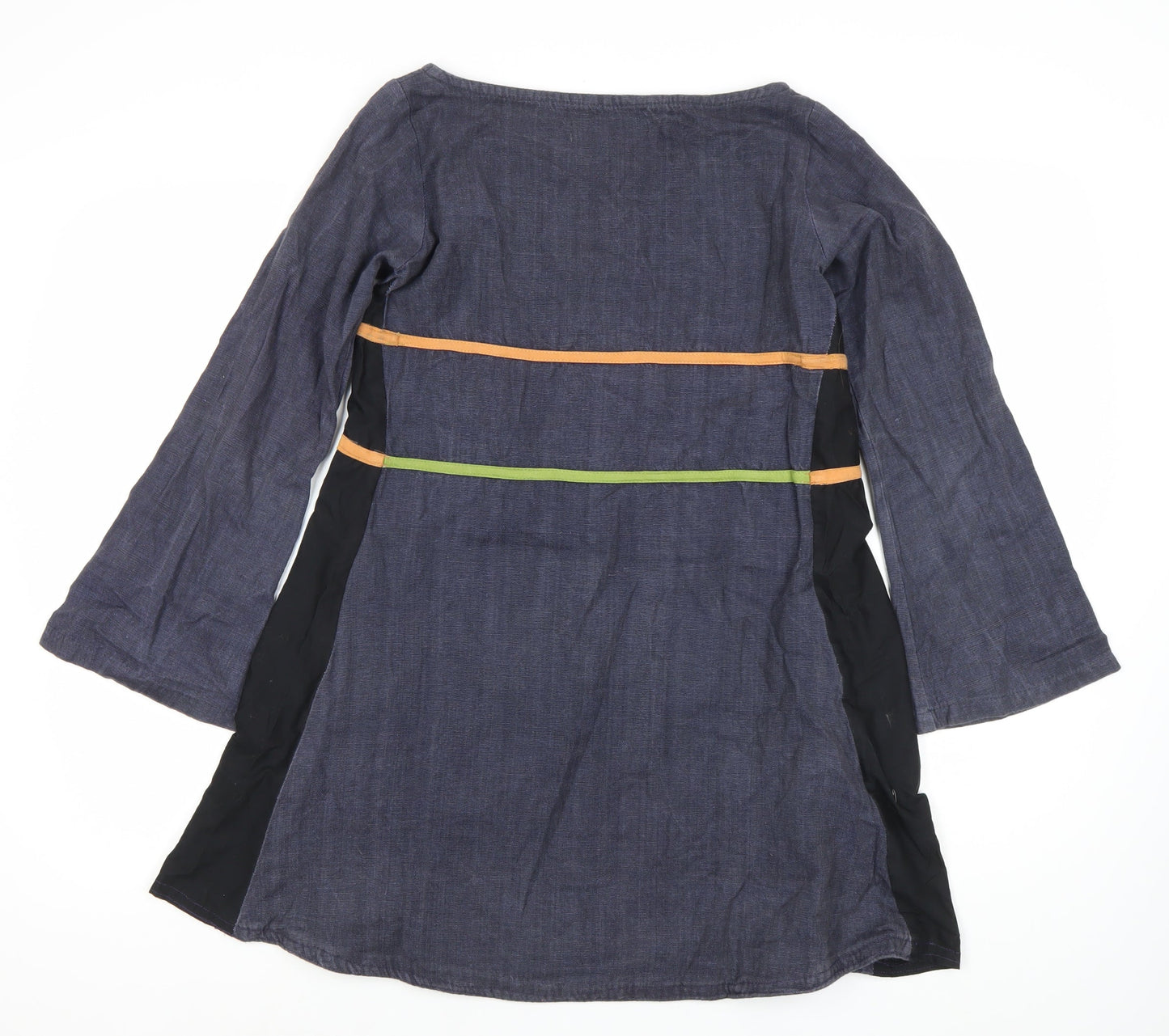 Maya Stop Women’s Blue Multicoloured Cotton Shift Dress S Boho Long Sleeve