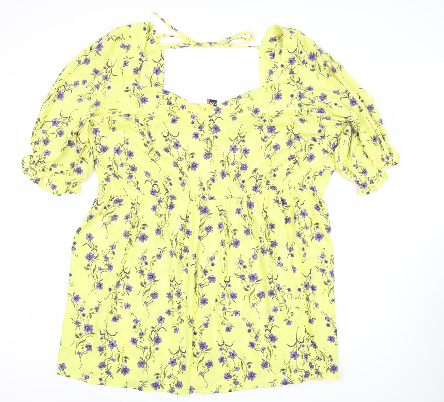 Yours Womens Yellow Floral Skater Dress Plus Size 22-24 Square Neck Puff Sleeve