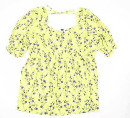 Yours Womens Yellow Floral Skater Dress Plus Size 22-24 Square Neck Puff Sleeve