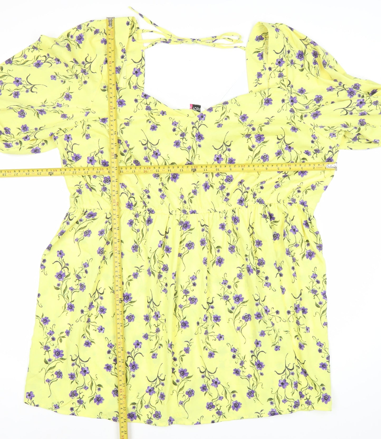 Yours Womens Yellow Floral Skater Dress Plus Size 22-24 Square Neck Puff Sleeve