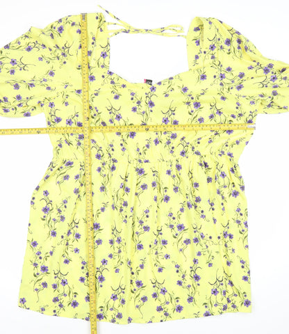Yours Womens Yellow Floral Skater Dress Plus Size 22-24 Square Neck Puff Sleeve