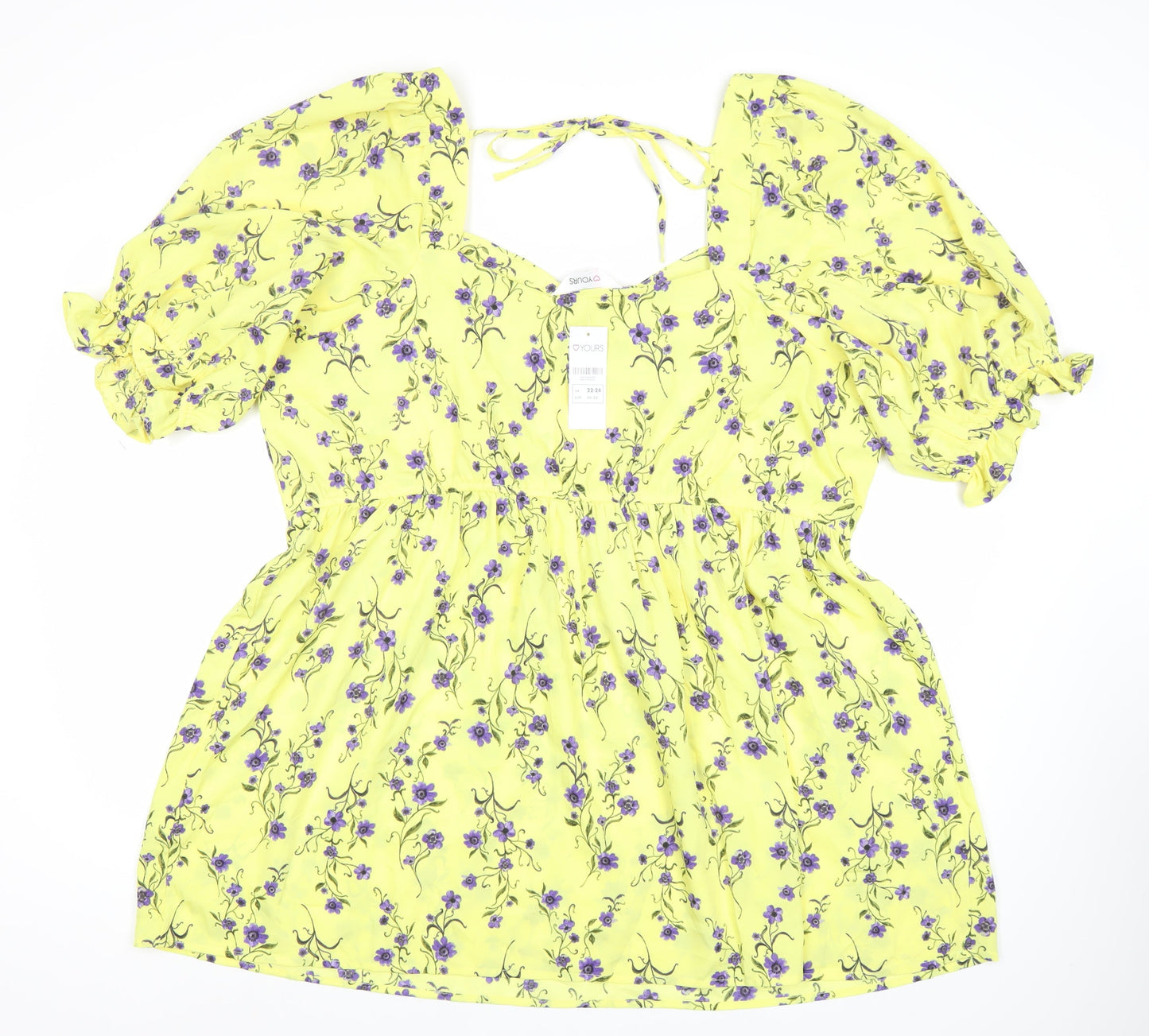 Yours Womens Yellow Floral Skater Dress Plus Size 22-24 Square Neck Puff Sleeve