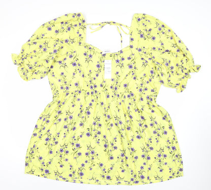 Yours Womens Yellow Floral Skater Dress Plus Size 22-24 Square Neck Puff Sleeve