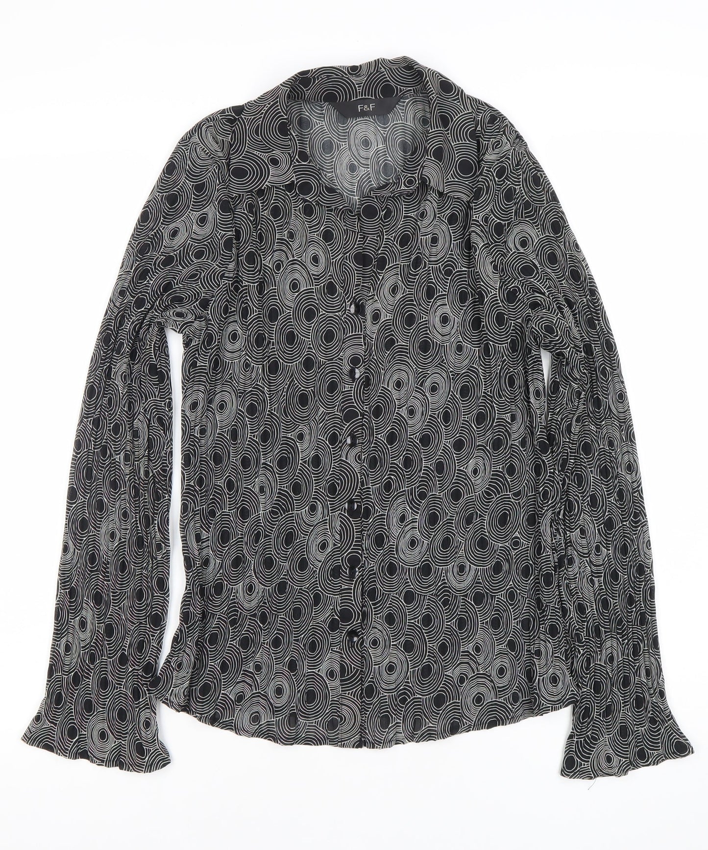 F&F Womens Black Geometric Button-Up Blouse Size 12 Long Sleeve