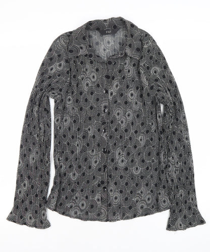 F&F Womens Black Geometric Button-Up Blouse Size 12 Long Sleeve