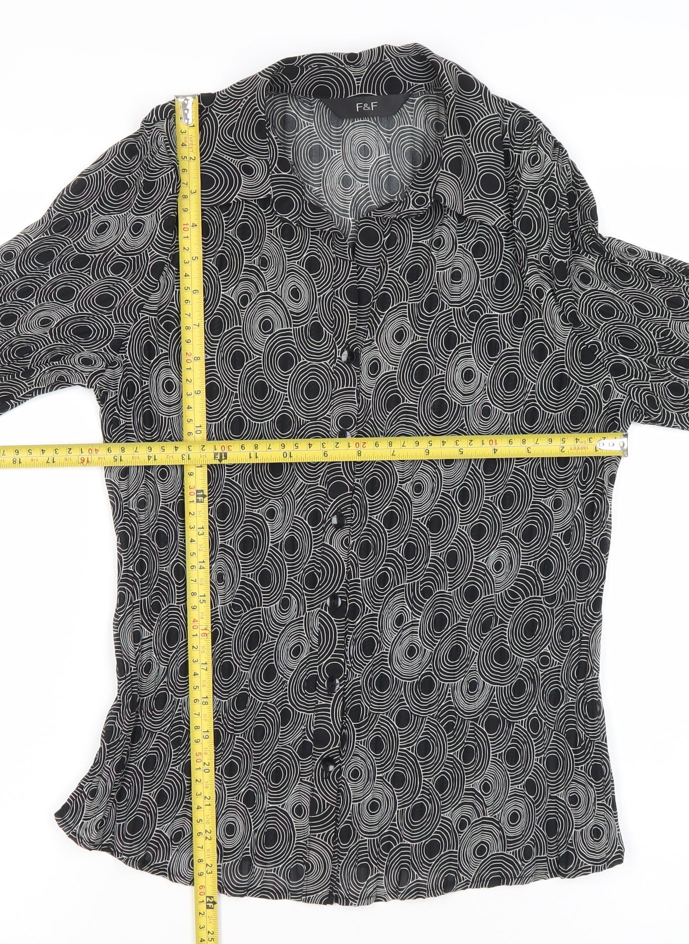 F&F Womens Black Geometric Button-Up Blouse Size 12 Long Sleeve