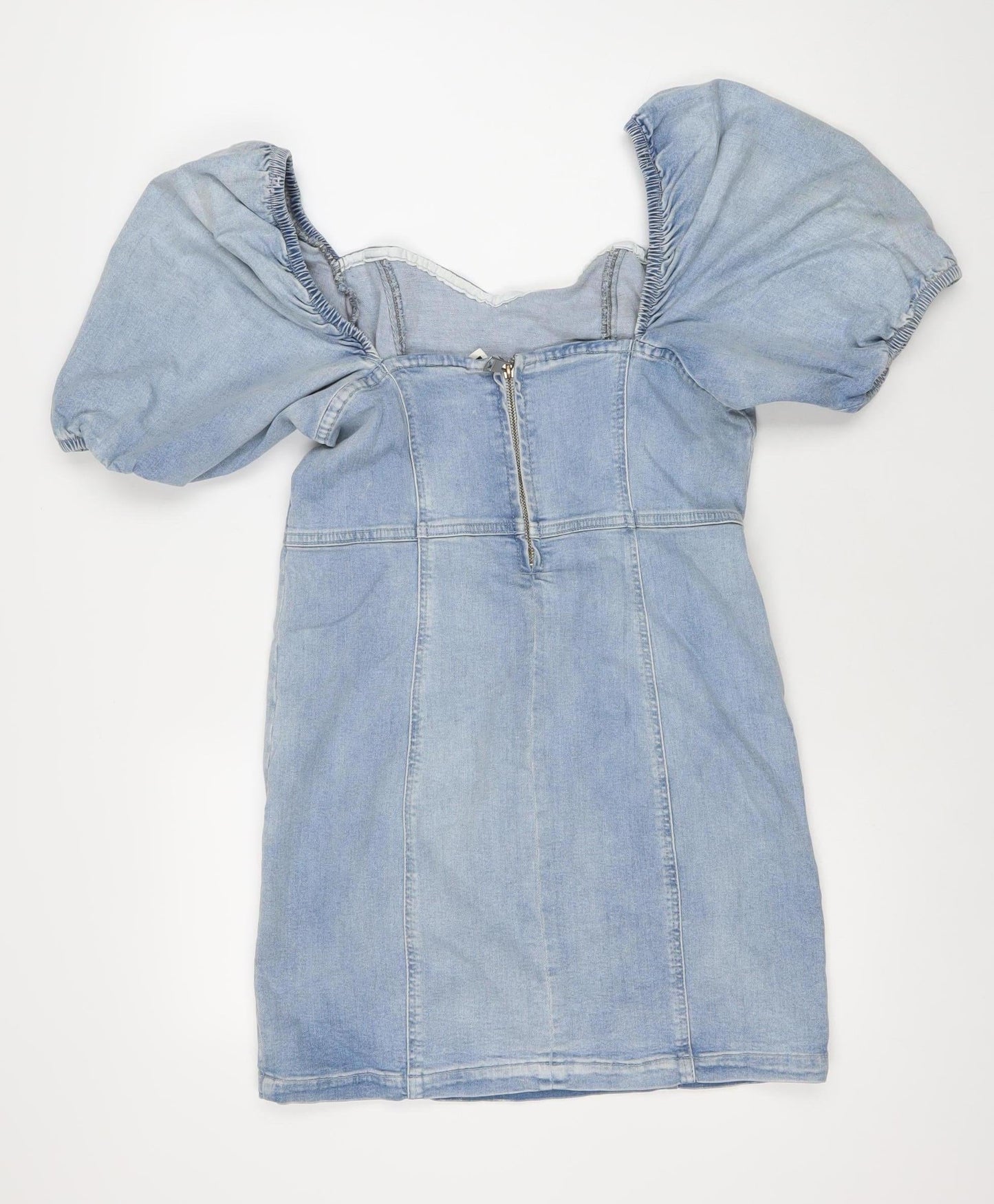 River Island Women Blue Denim Shift Dress Size 14 Puff Sleeve