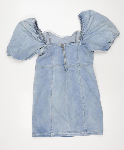 River Island Women Blue Denim Shift Dress Size 14 Puff Sleeve