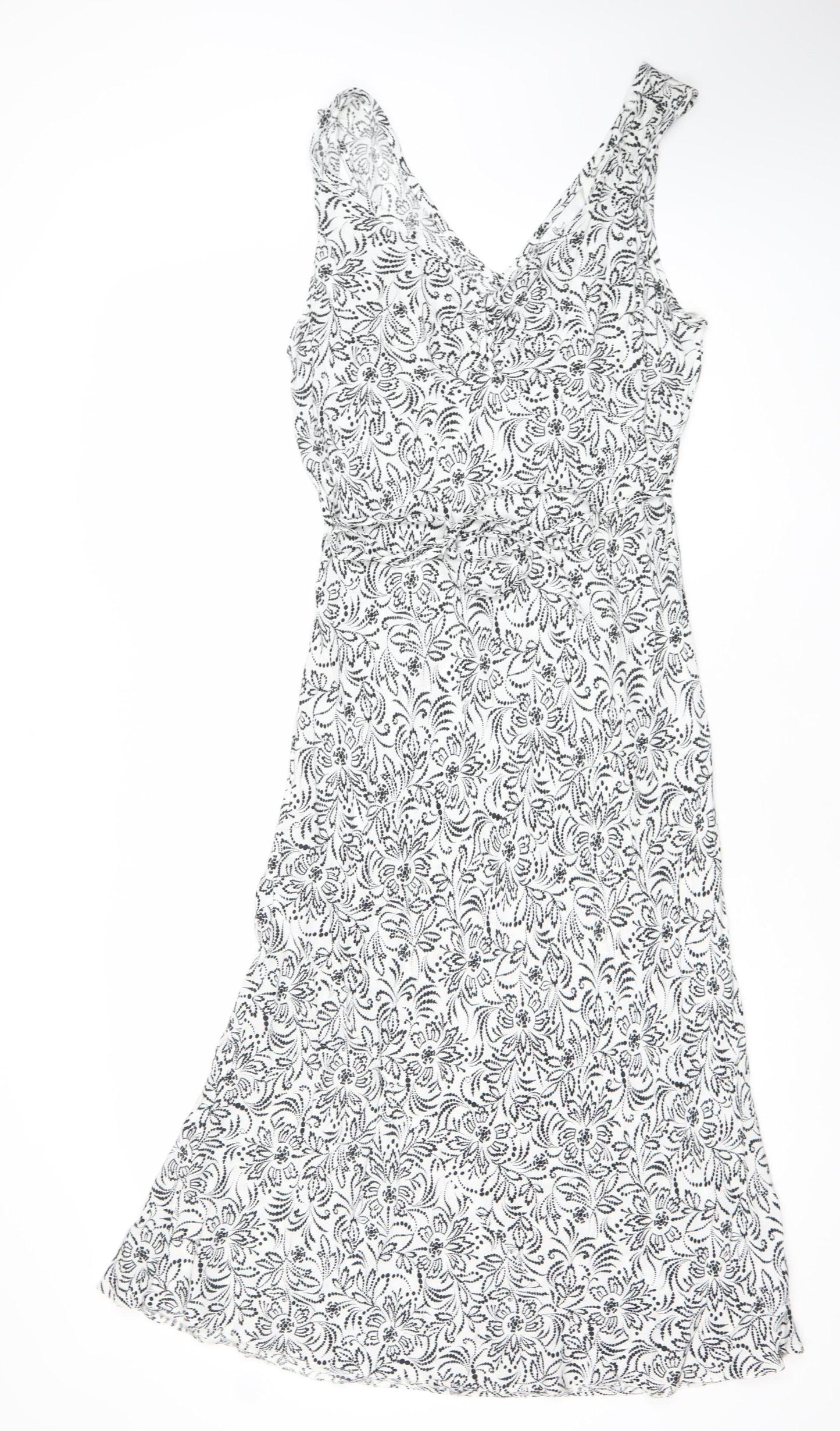 BHS Women’s White Floral Midi A-Line Dress Size 14 Viscose Sleeveless