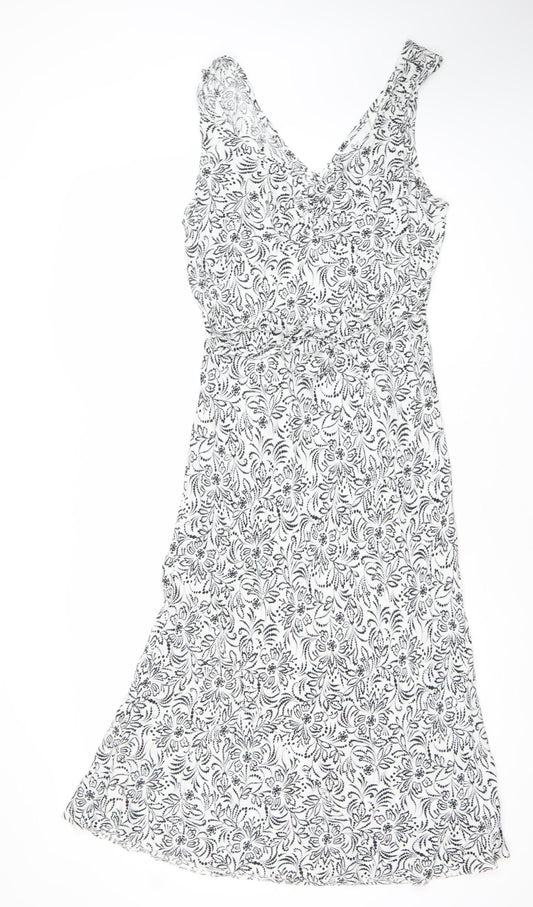 BHS Women’s White Floral Midi A-Line Dress Size 14 Viscose Sleeveless