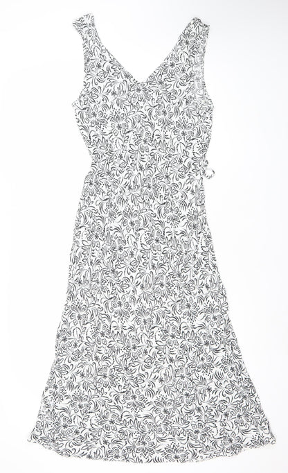 BHS Women’s White Floral Midi A-Line Dress Size 14 Viscose Sleeveless