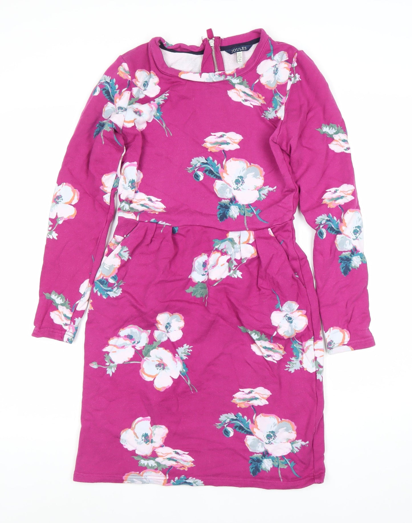 Joules Womens Pink Floral Sheath Dress Size 8 Long Sleeve Zip