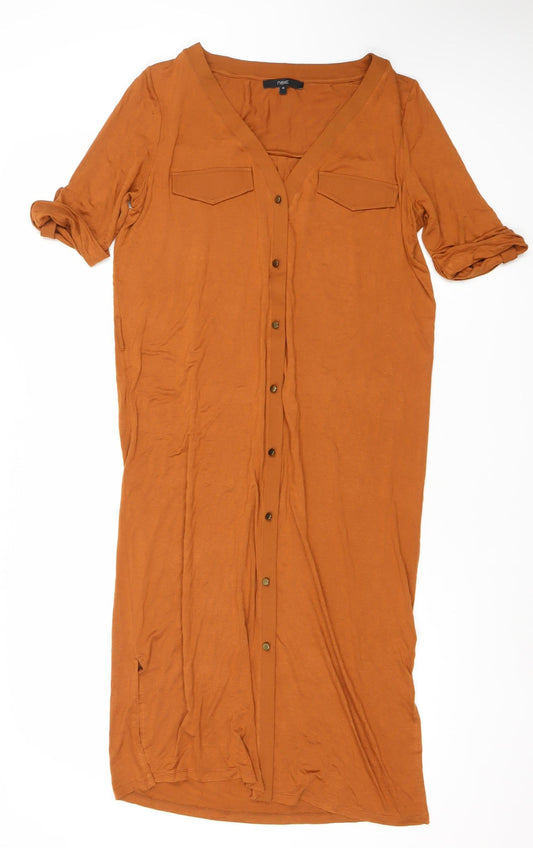 Next Women’s Brown Shirt Dress Size 12 Midi V-Neck Button Front