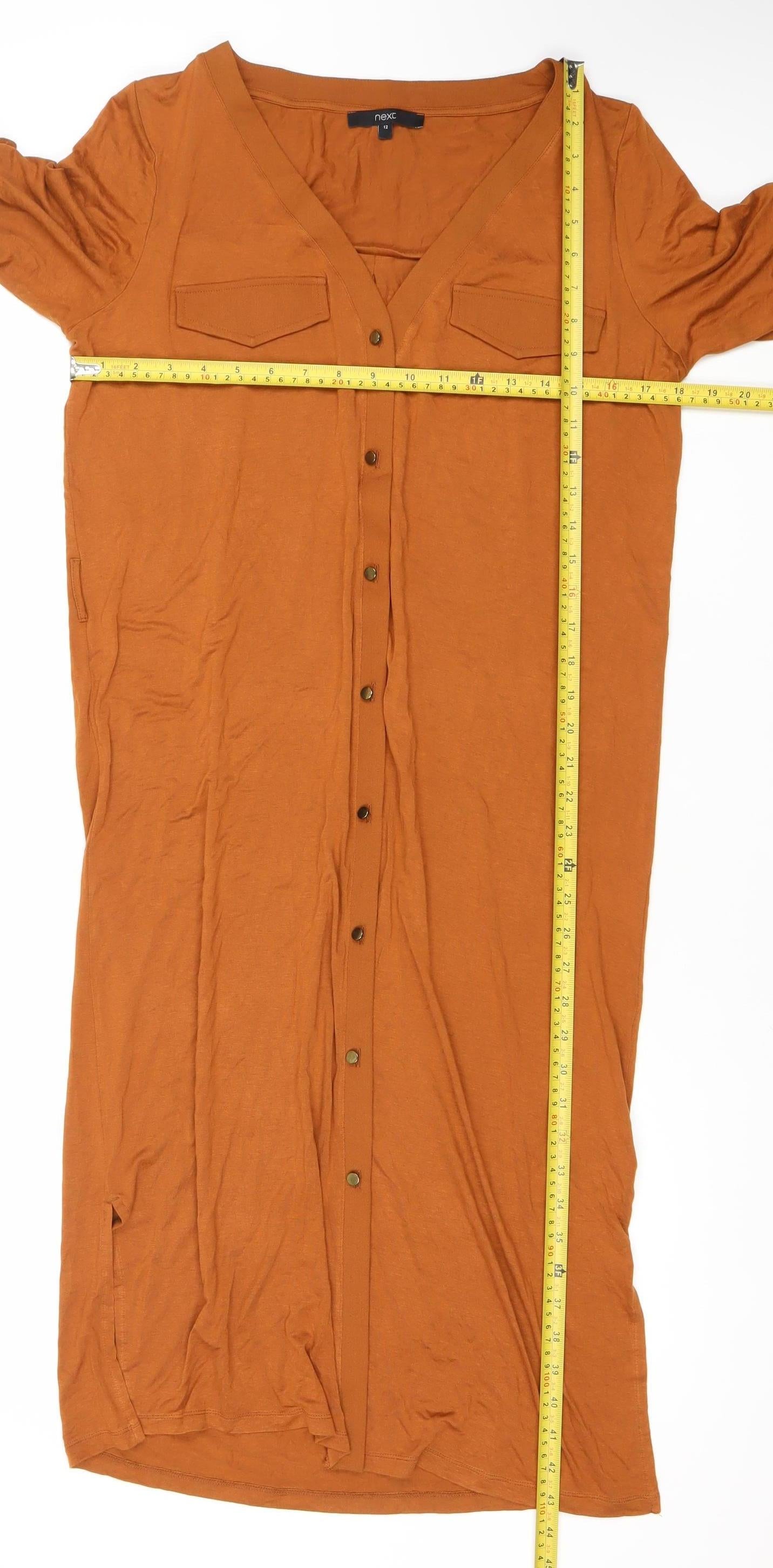 Next Women’s Brown Shirt Dress Size 12 Midi V-Neck Button Front