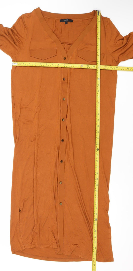 Next Women’s Brown Shirt Dress Size 12 Midi V-Neck Button Front